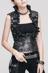 Black/Silver Big Opening Chest Wave Collar Hand Rubbed Leather Women's Punk Vest - Black/Silver - 1