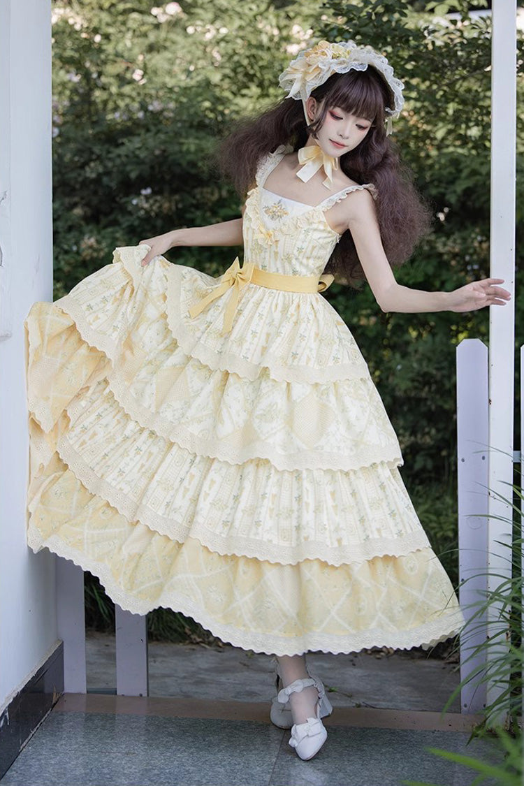 Yellow Multi-layer Sunflower Print Ruffle Embroidery Sweet Chinese Style Lolita Jsk Dress - Product - 2