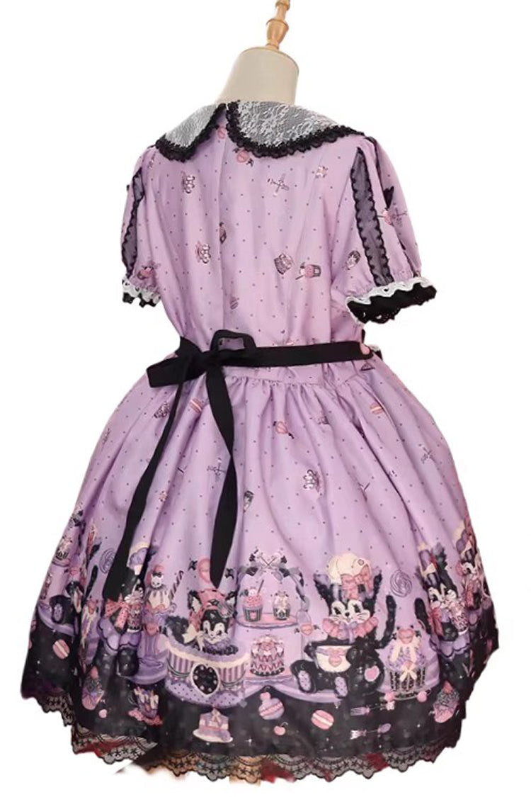 Purple [Devil Cat] Print Short Sleeves Ruffle Bowknot Lace Gothic Lolita OP Dress (Plus Size Support) - Product - 6
