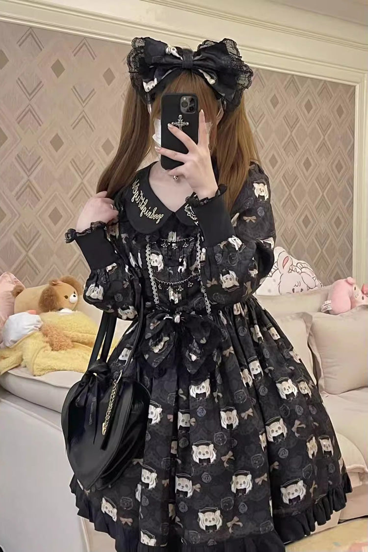 Black Long Sleeves Print Bowknot Sweet Plus Size College Style Lolita Dress - Product - 4