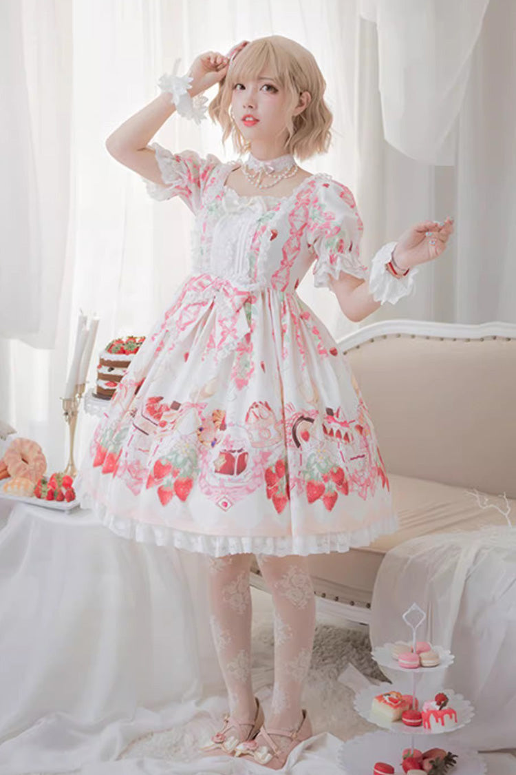 [Strawberry Feast] Short Sleeves Printed Ruffled Bow Sweet Lolita Dress 4 Colors - Ivory - 5