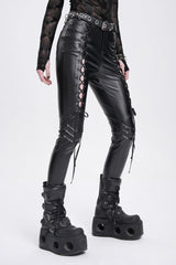 Black Lace-Up Ripped Rivet Women's Punk Pants - Product - 3