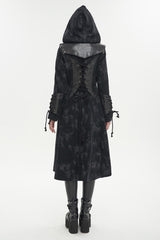 Black Faux Leather Splice With Hood Irregular Pattern Print Long Women's Punk Coat - Product - 5
