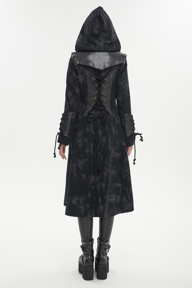 Black Faux Leather Splice With Hood Irregular Pattern Print Long Women's Punk Coat - Product - 5