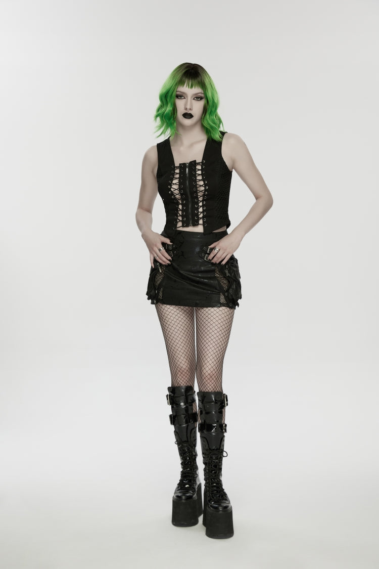 Black Off Shoulder Sleeveless Cut-Out Lace-Up Irregular Women's Punk Cool Vest - Product - 4