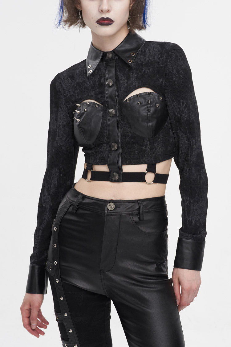Black Turn Down Collar Cutout Long Sleeves Studded Women's Punk Shirt - Black - 1
