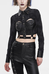 Black Turn Down Collar Cutout Long Sleeves Studded Women's Punk Shirt - Black - 1
