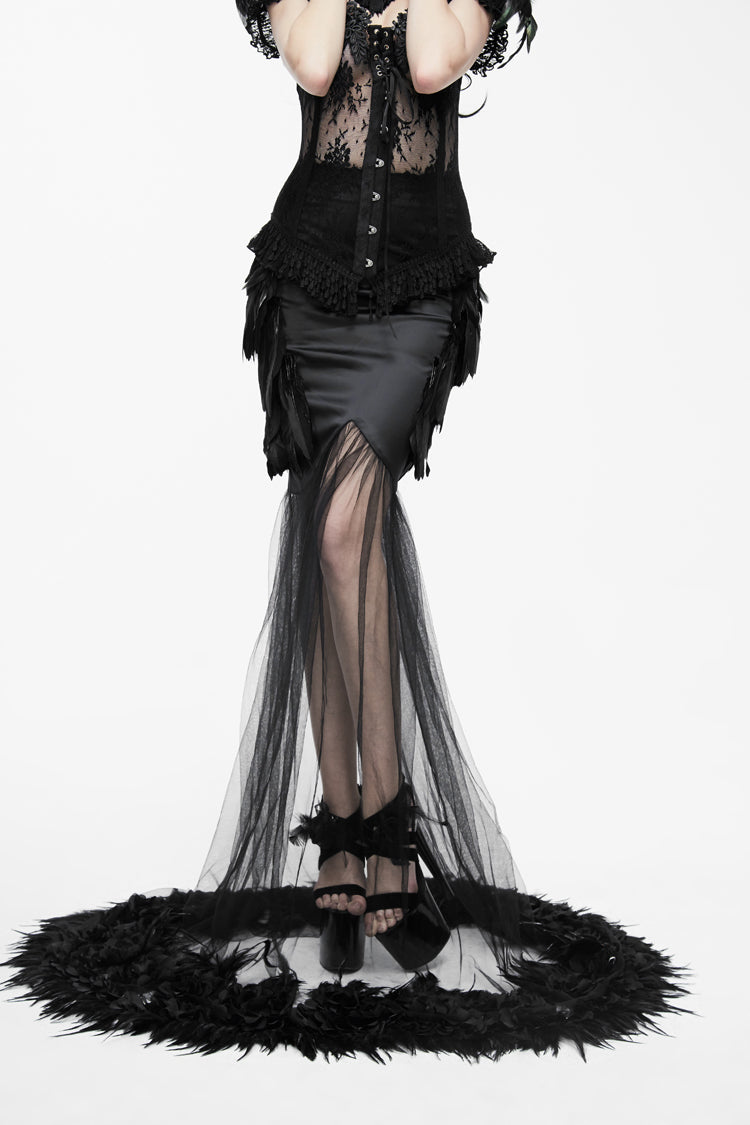 Black Mesh Fishtail Flower Feather Hem Long Satin Women's Gothic Skirt - Black - 1
