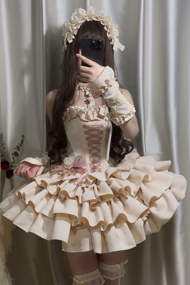 [Sunset Venus] Halterneck Sleeveless Multi-Layered Ruffle Bowknot Lace Fishbone Sweet Lolita Dress 2 Colors - Product - 2