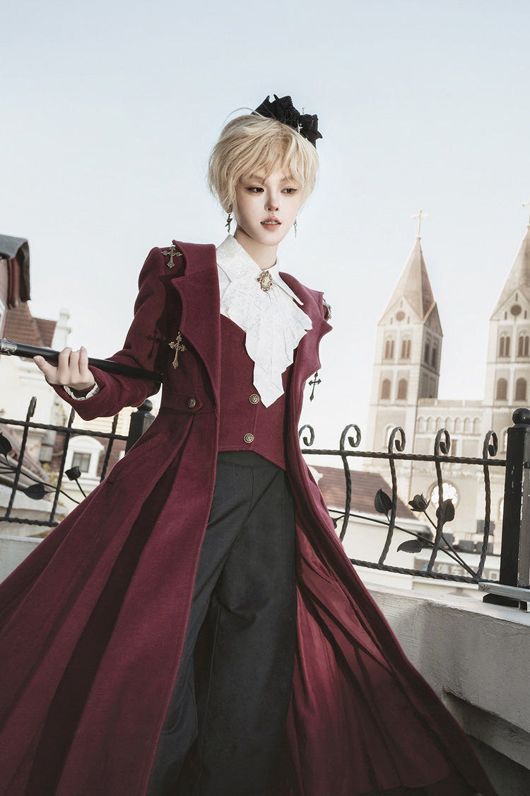 Dark Red [The Legend of Dracula] Long Sleeves Gothic Prince Handsome Cool Ouji Lolita Coat - Product - 6