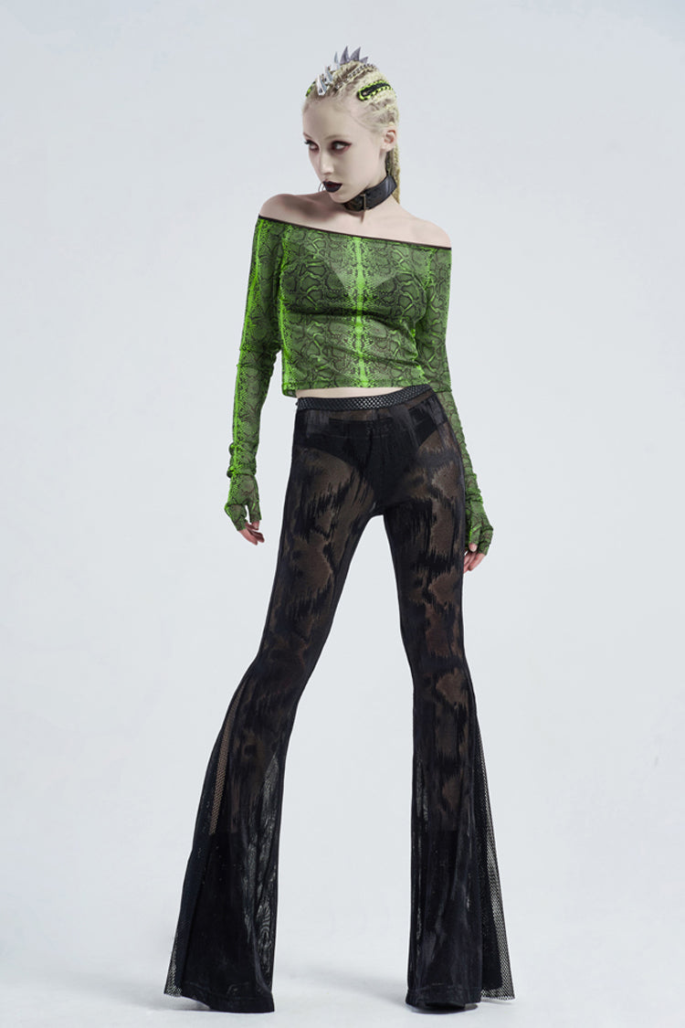 Green Long Sleeve One Word Collar Half Cut Finger Cuffs Tight Python Serpent Print Women's Punk T-Shirt - Product - 2
