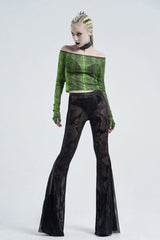 Green Long Sleeve One Word Collar Half Cut Finger Cuffs Tight Python Serpent Print Women's Punk T-Shirt - Product - 2