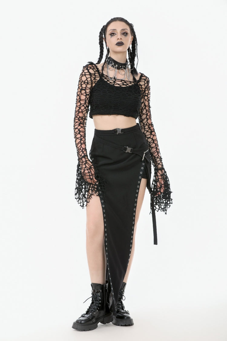Black Women's Gothic Long Flared Sleeves Hollow-out Mesh Crop Top - Product - 7