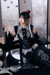 [Sky Dragon] Round Collar Printed Embroidered Lace-Up Gothic Chinese Style Lolita Skirt Set 2 Colors - Product - 10