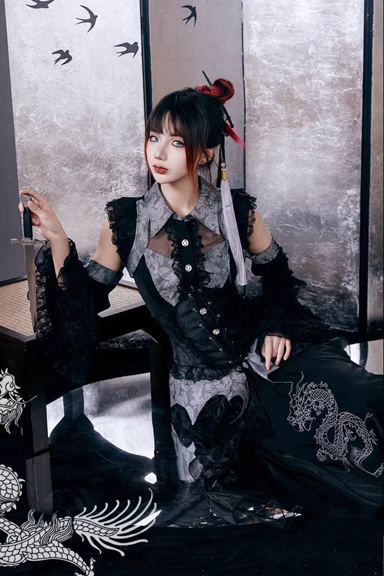 [Sky Dragon] Round Collar Printed Embroidered Lace-Up Gothic Chinese Style Lolita Skirt Set 2 Colors - Product - 10