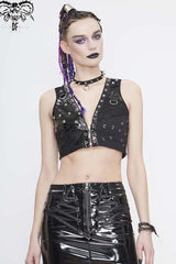 Black Short Leather Splice Mesh Asymmetrical Heavy Metal Decoration Women's Punk Waistcoat - Product - 2