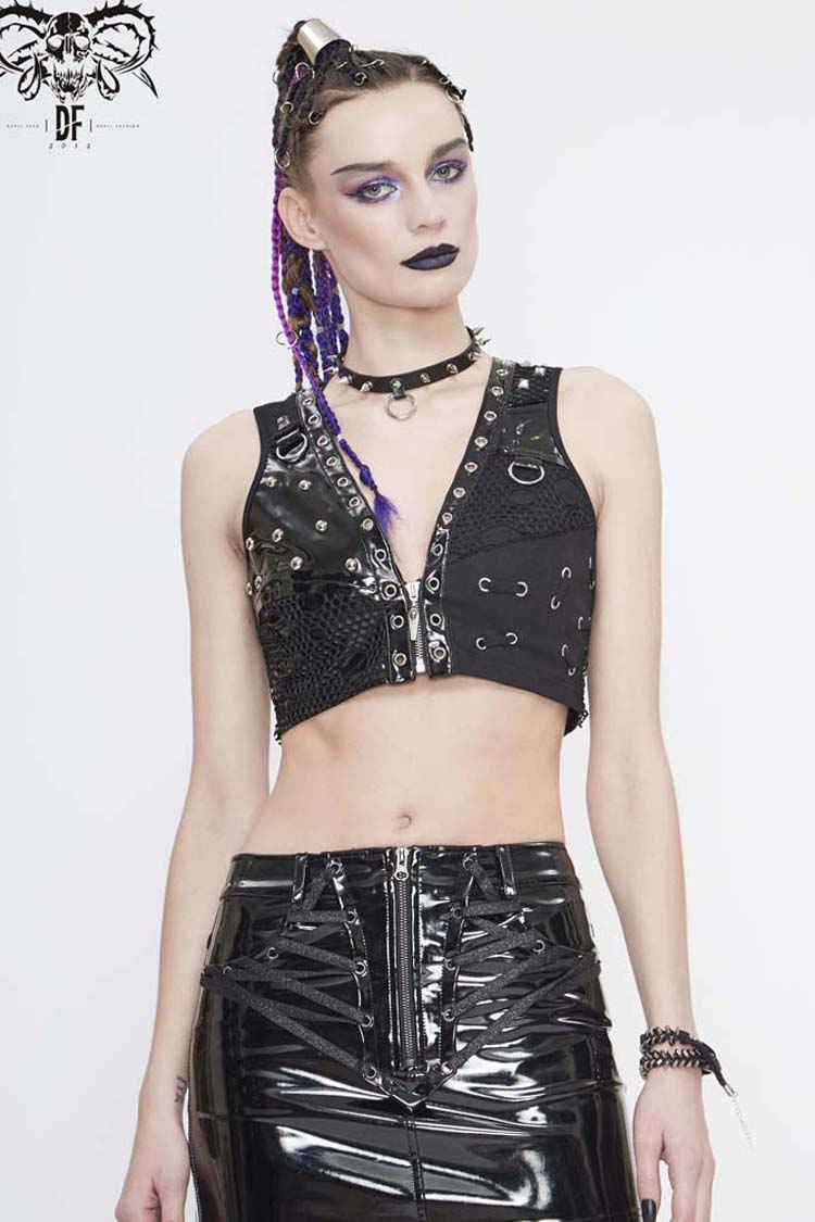 Black Short Leather Splice Mesh Asymmetrical Heavy Metal Decoration Women's Punk Waistcoat - Product - 2