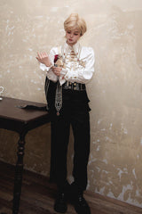 Black/White [Oath Knight] Lapel Collar Long Sleeves Ruffled Embroidered Gothic Ouji Lolita Set - Product - 7