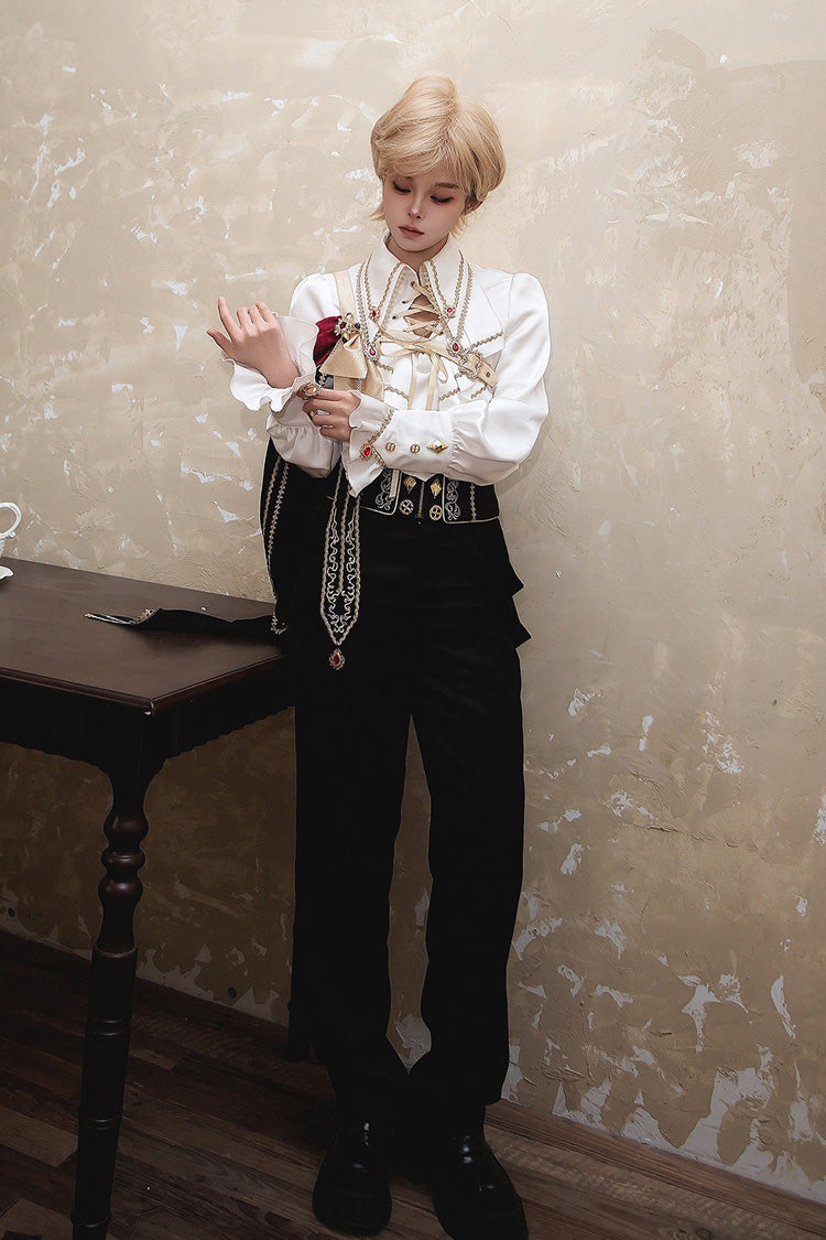 Black/White [Oath Knight] Lapel Collar Long Sleeves Ruffled Embroidered Gothic Ouji Lolita Set - Product - 7