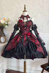 Red [Rose Dish] Ruffle Embroidery Cardigan Bowknot Lace-Up Gothic Lolita Jsk Dress - Product - 3