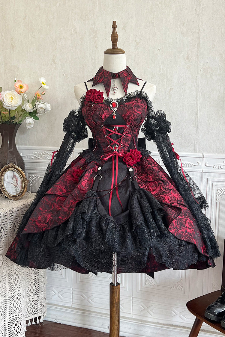 Red [Rose Dish] Ruffle Embroidery Cardigan Bowknot Lace-Up Gothic Lolita Jsk Dress - Product - 3