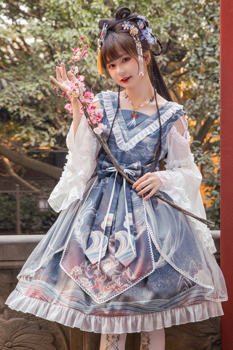 Chinese Style Hime Sleeves Ruffled Classic Lolita Op Dress - blue - 5