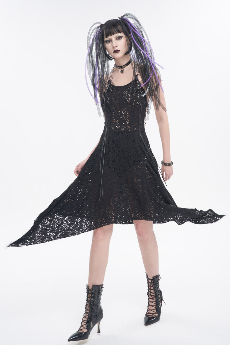 Black Irregular Pattern Wool Metal Chain Halter Neck Backless Women's Punk Dress - Product - 2