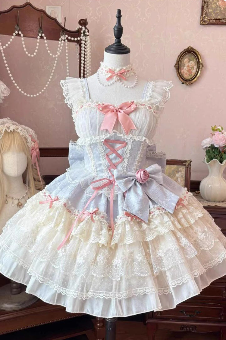 Blue [Rose Canticle] Sleeveless Multi-Layered Bowknot Lace Lace-Up Pearl Ballet Sweet Lolita Jsk Dress - Blue - 1