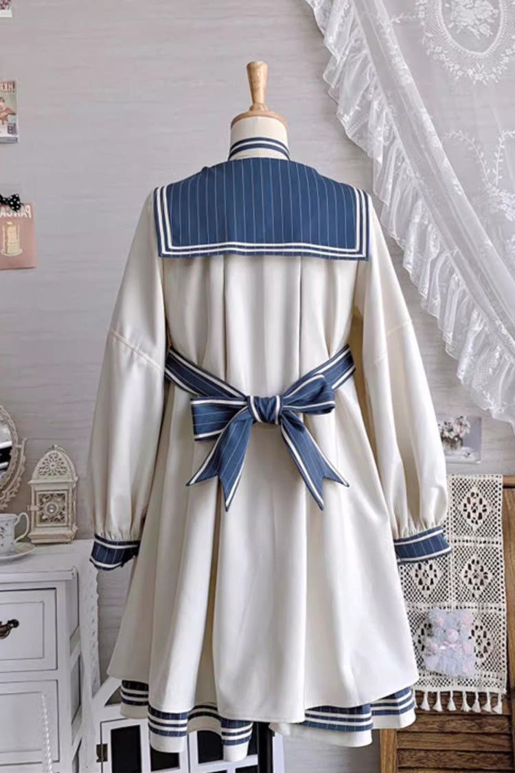 Blue/Apricot Navy Collar Long Sleeves Print Ruffle Bowknot Sweet Plus Size Lolita Dress - Product - 9