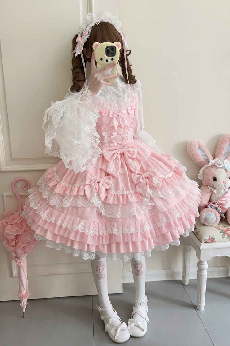 Pink Multi-Layered Ruffle Bowknot Stitching Lace Sweet Lolita Jsk Dress - Product - 8