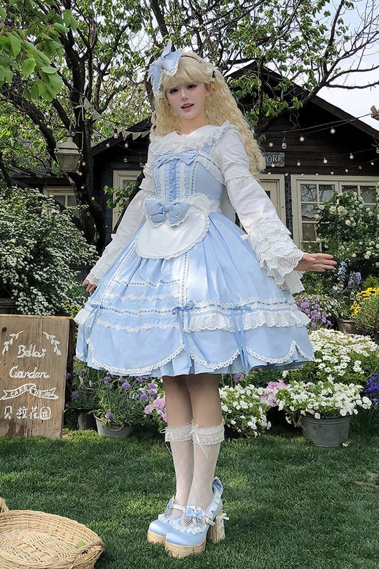 Blue [Petal Bunny] Cotton Sleeveless Ruffled Bow Lace Sweet Elegant Lolita Jsk Dress - Product - 9