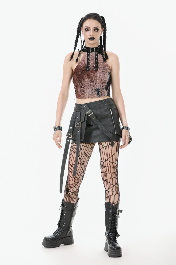 Black Faux Leather Straps Zippered Women's Punk Short Skirt - Product - 2