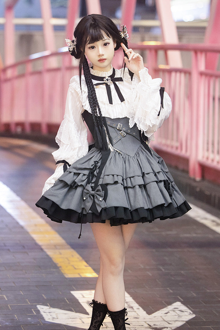 Black/Grey [Machinist] Sleeveless Multi-Layered Ruffle Bowknot Classic College Style Lolita Dress - Product - 6