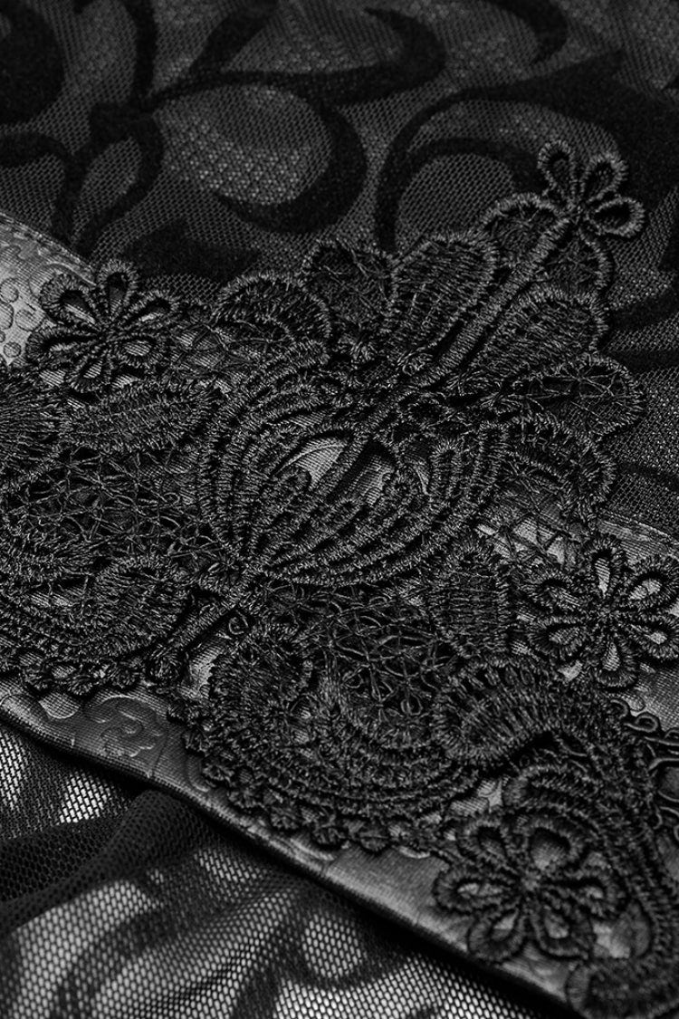 Black V Collar Long Trumpet Sleeves Embroidery Lace Girdle Irregular Womens Gothic Dress - Product - 7