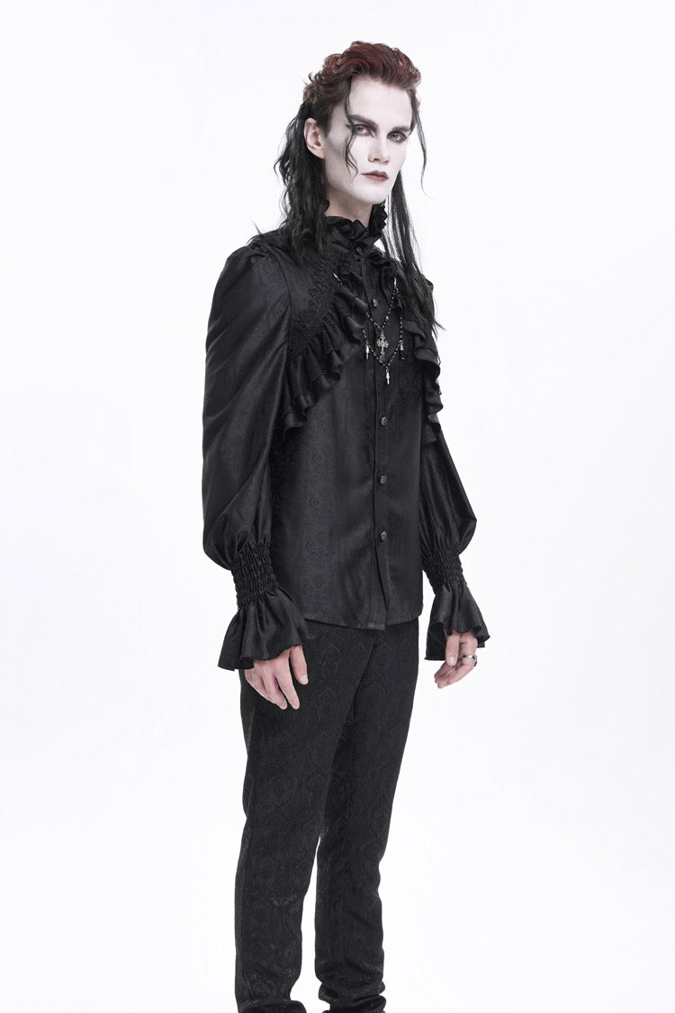 Black Stand Collar Long Sleeves Ruffle Lace Cross Men's Gothic Blouse - Product - 5