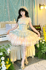 Green [Bale Bebe] Sleeveless Triple-Layered Ruffled Bow Lace-Up Sweet Ballet Lolita Dress - Product - 5