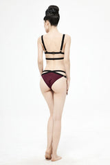 Black Red Lace Cross Strap Burgundy Gothic Swimsuit Set - Product - 8
