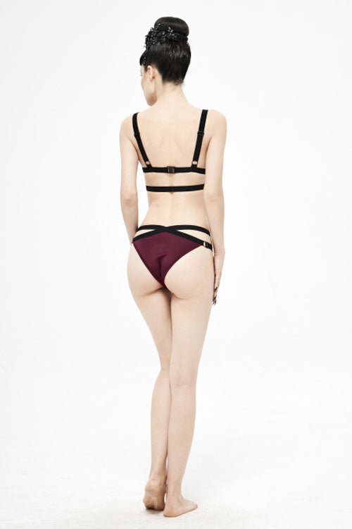 Black Red Lace Cross Strap Burgundy Gothic Swimsuit Set - Product - 8