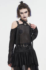 Black Off Shoulder Buckle Sheer Crop Women's Punk Shirt - Black - 1