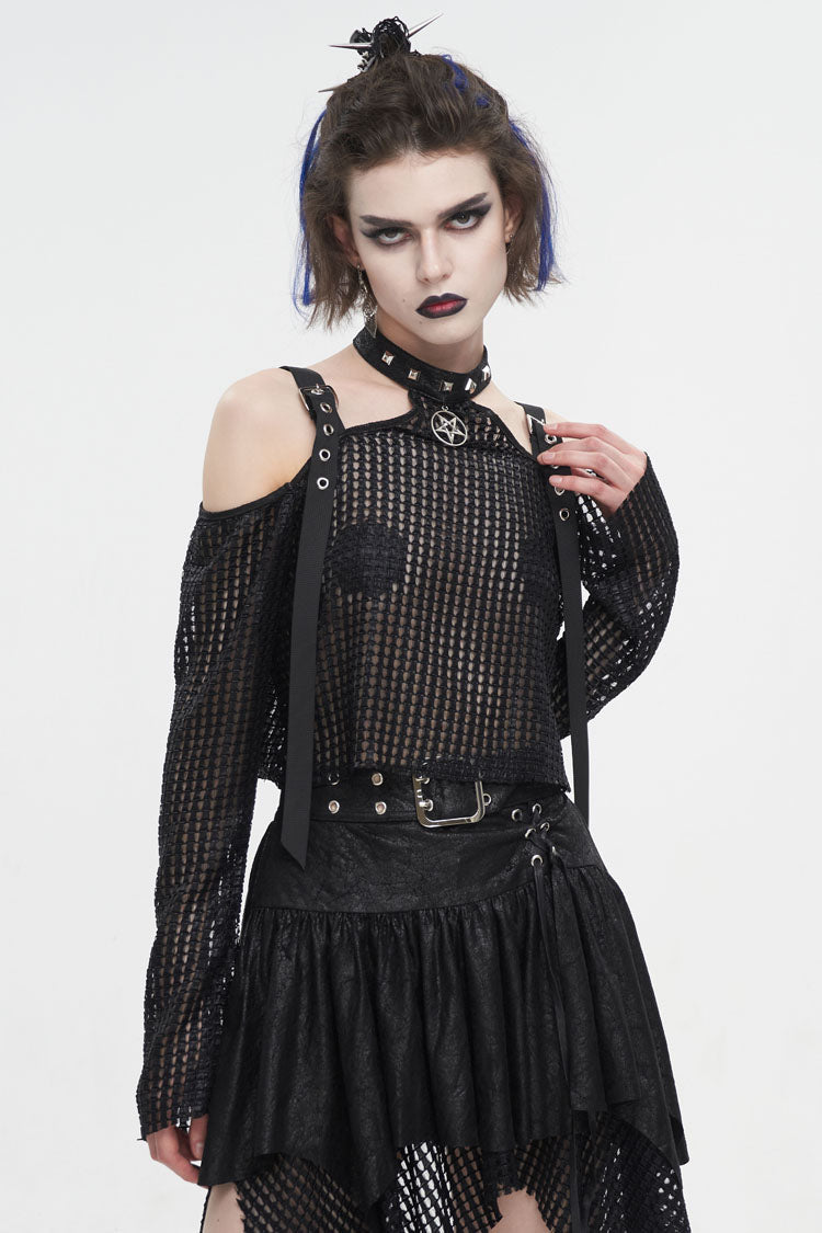 Black Off Shoulder Buckle Sheer Crop Women's Punk Shirt - Black - 1