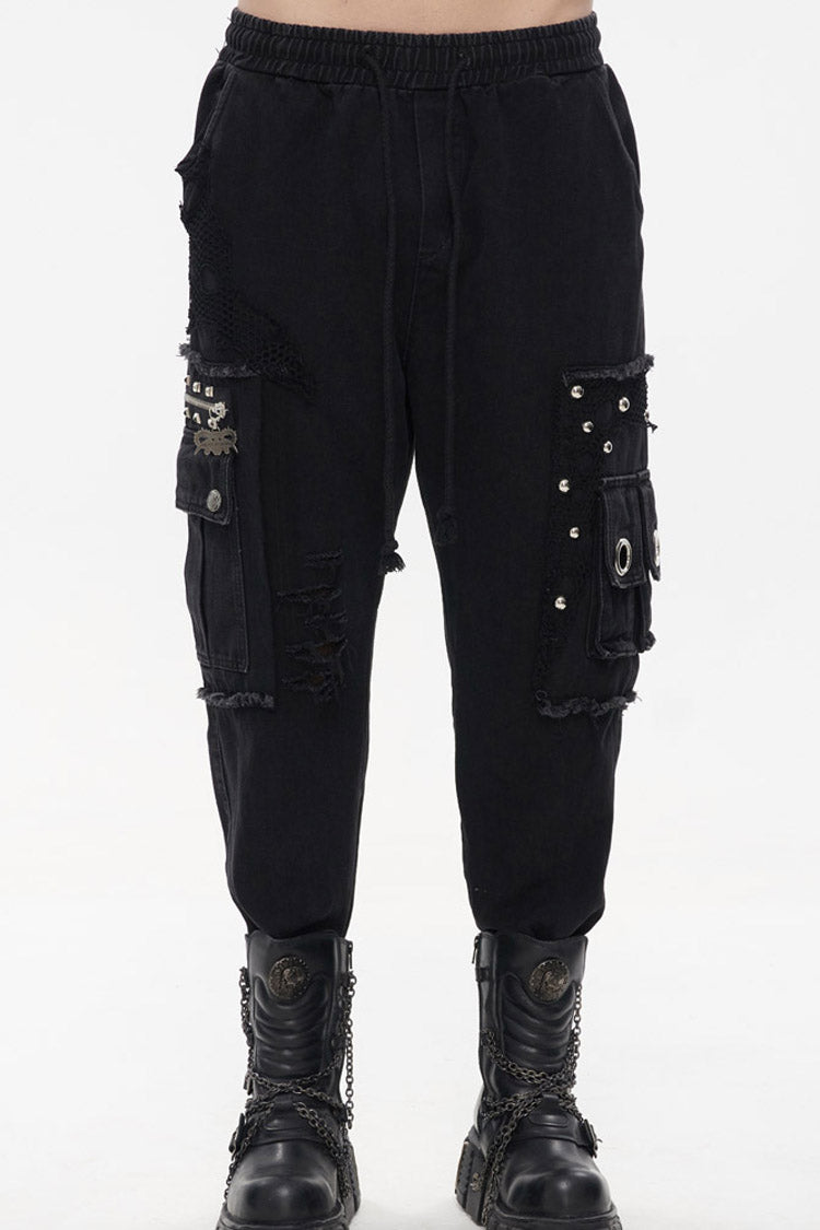 Black Punk Basic Funds Metal Pentagram Crackle Men's Pants - Black - 1