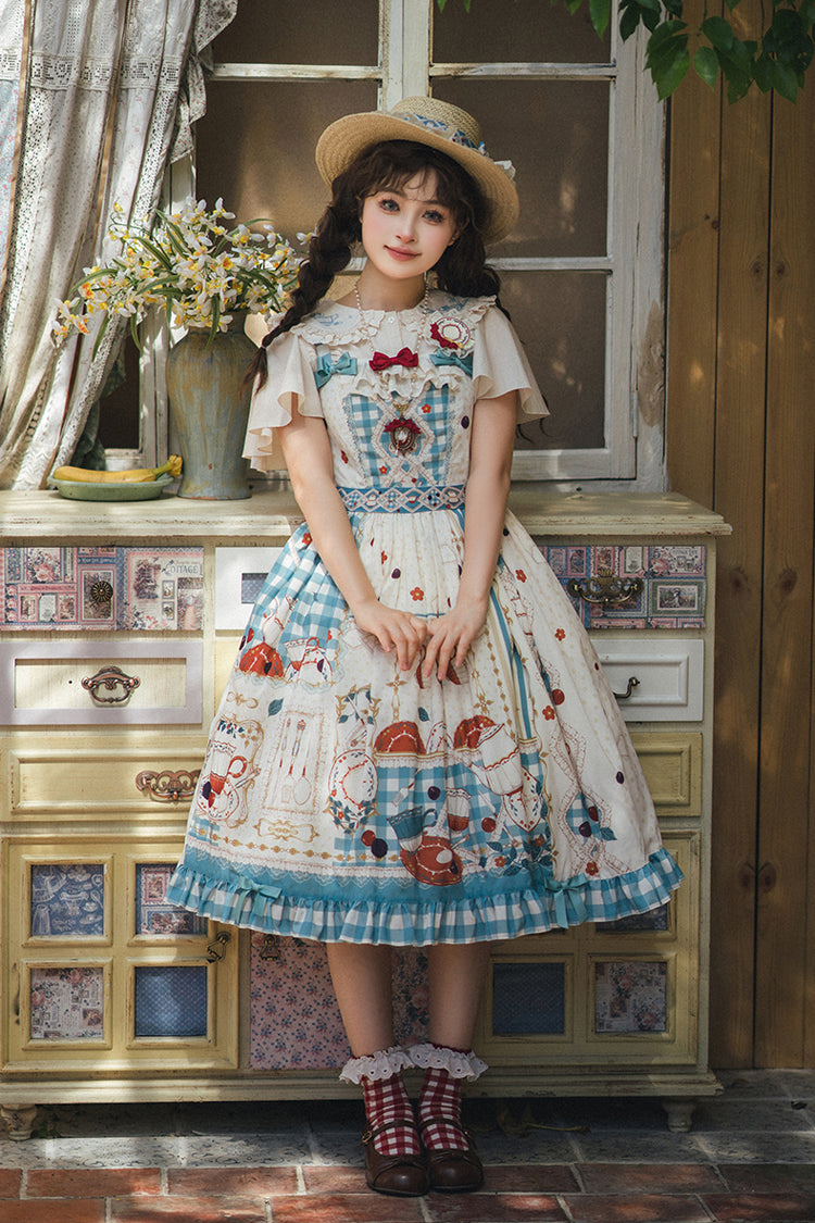Blue/Green Tea Party Print Ruffle Bowknot Lace Sweet Elegant (Dress Only) detail view 3
