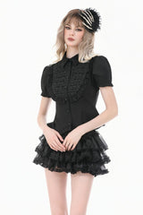 Black Pointed Turn‑down Collar Ruffled Short Puff Sleeves Pleated Women's Gothic Victorian Slim Blouse - Product - 5