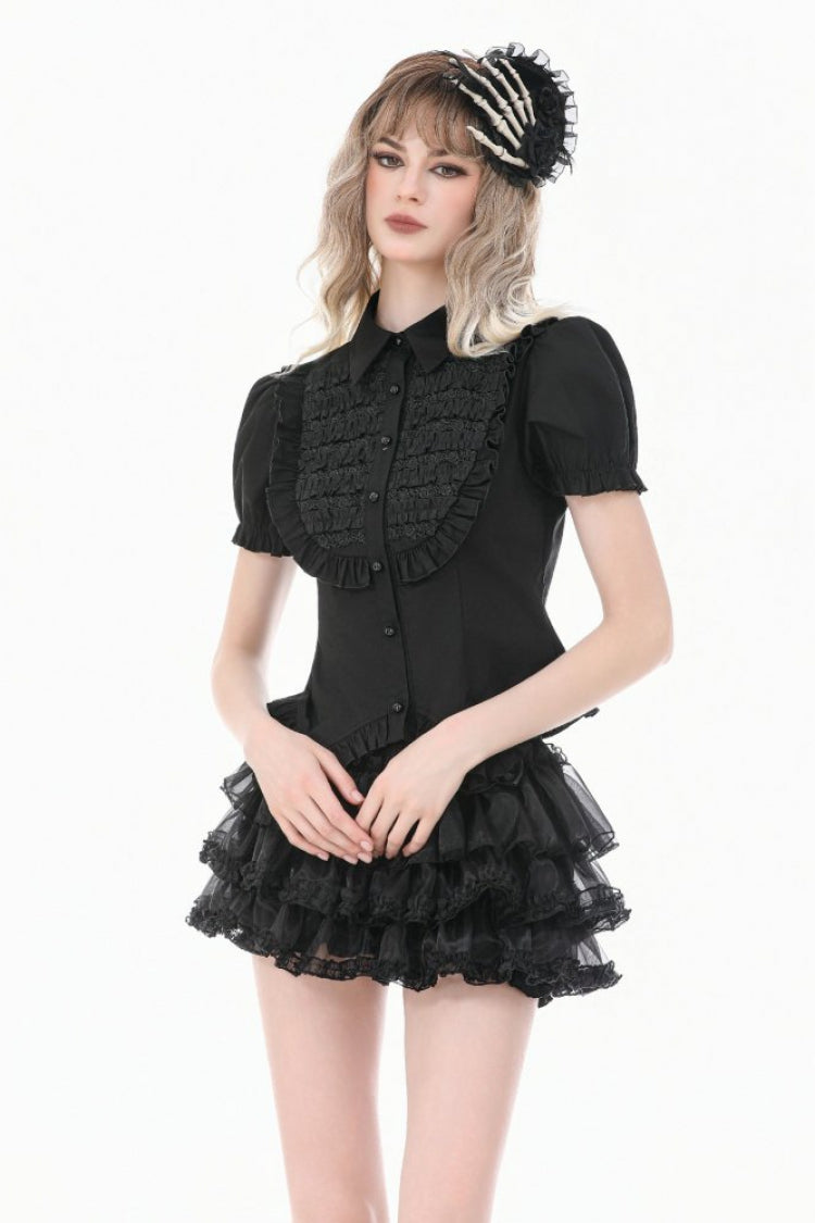 Black Pointed Turn‑down Collar Ruffled Short Puff Sleeves Pleated Women's Gothic Victorian Slim Blouse - Product - 5