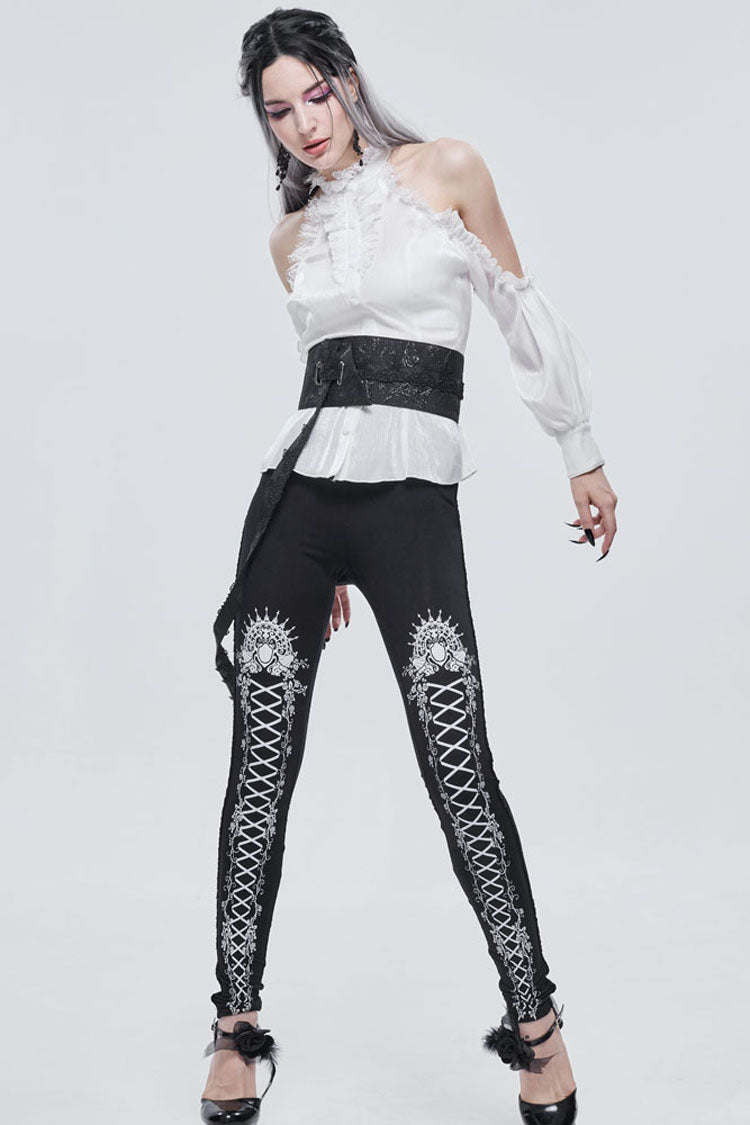 Black/White Gothic Printed Decoration Tie-Rope Elasticity Women's Leggings - Product - 9