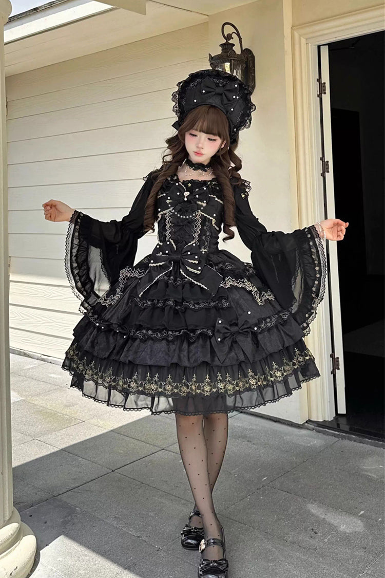 Black [Dream-Sinking Pearl Veil] Doll-Style Sleeveless Multi-Layered Ruffled Bow Lace Daily Gothic Lolita Dress - Product - 3