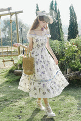 Ivory [Moonlight Iris] Off Shoulder Print Ruffle Embroidery Lace Sweet Lolita Jsk Dress - Ivory - 1