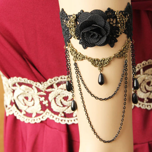 Black Vintage Bride Wedding Rose Flower Lace Pearl Metal Gothic Lolita Armband Bracelet - Product - 1
