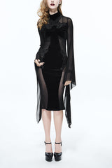Black Gothic Cross Shape Stand Collar Flared Sleeves Sexy Stretchy Velvet Womens Dress - Black - 1