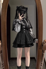 [Law of Disorder] Lapel Collar Long Sleeves Bow Lace Sweet Jirai Kei Skirt and Top 3 Colors - Product - 12